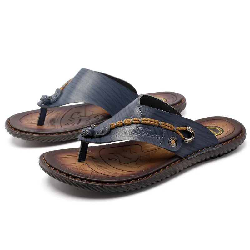Men's dark blue herringbone pattern outdoor slippers with rubber sole