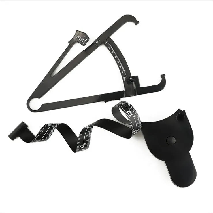 Black ABS plastic body fat skinfold caliper with measurement scale.