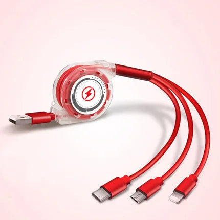 3 in 1 telescopic charging cable extended to show titanium alloy connectors and TPE wire body