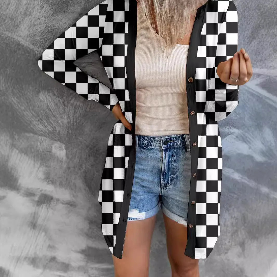 Women's long grey plaid knitted cardigan coat with a loose fit on a hanger.