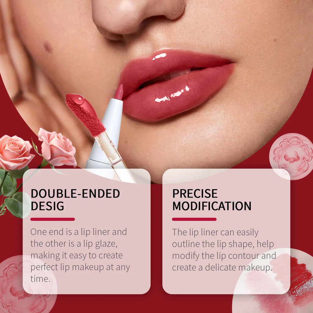 Double-headed lip liner and lip lacquer pen for makeup application in three colour shades.