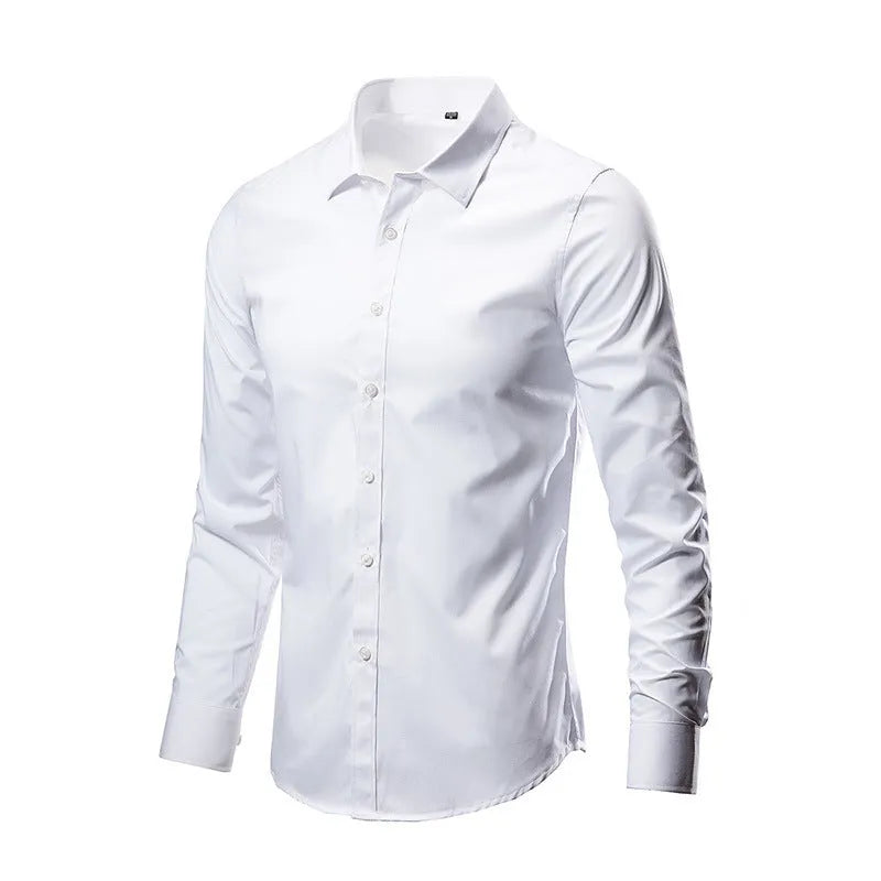 Men's long-sleeve linen shirt in a slim, loose fit on a hanger, shown in a navy blue colour.