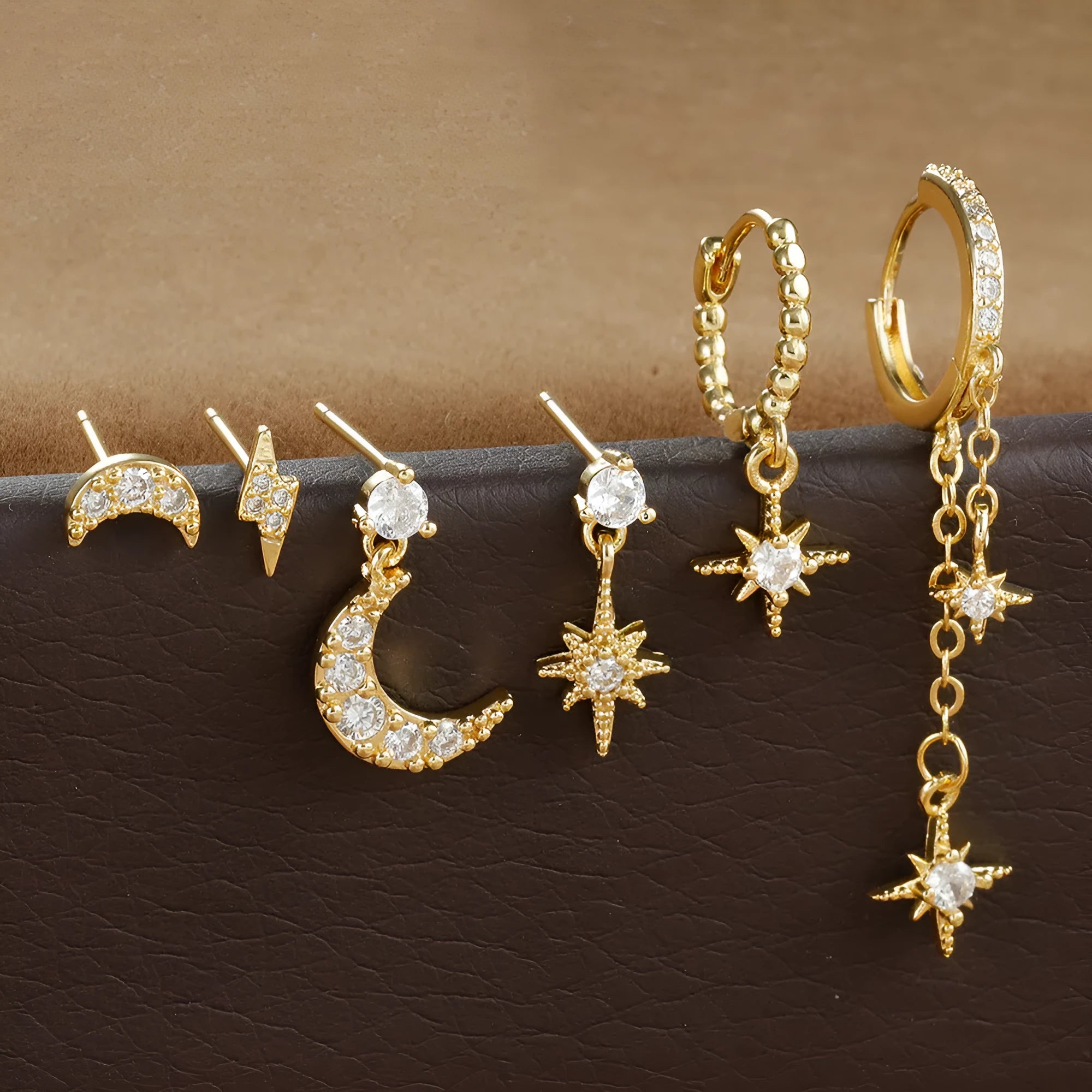 XINGX gold-colour chain tassel and zircon stud earrings set, six pieces, electroplated copper.
