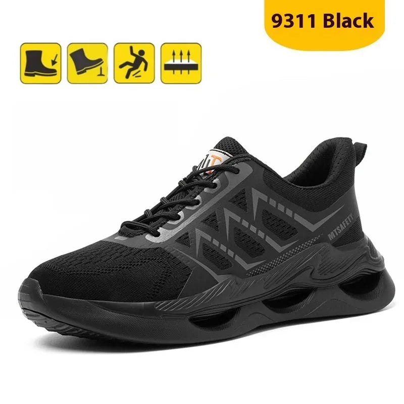 Black lightweight breathable steel toe cap labour protection safety shoes on a white background