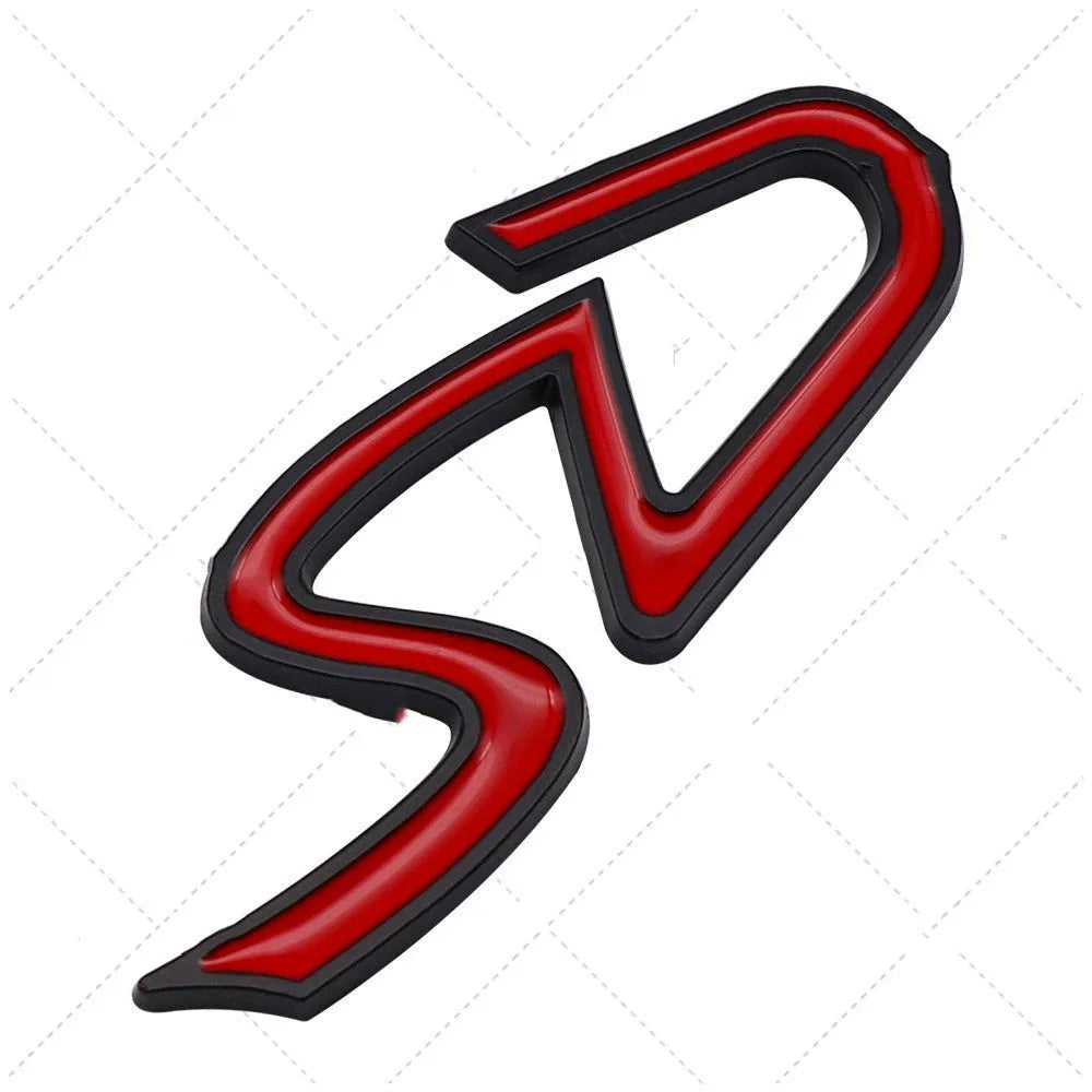 Metal car bumper sticker with SD pattern in red silver colour scheme measuring 7.7 by 2.9 centimetres