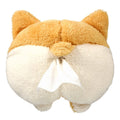 Yellow soft corgi butt shaped tissue box cover with elastic strap for hanging in car.