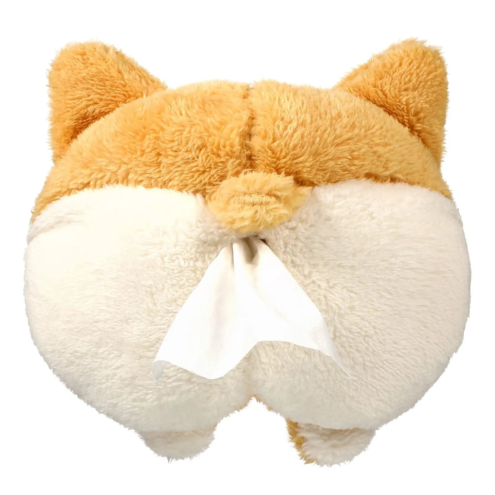 Yellow soft corgi butt shaped tissue box cover with elastic strap for hanging in car.