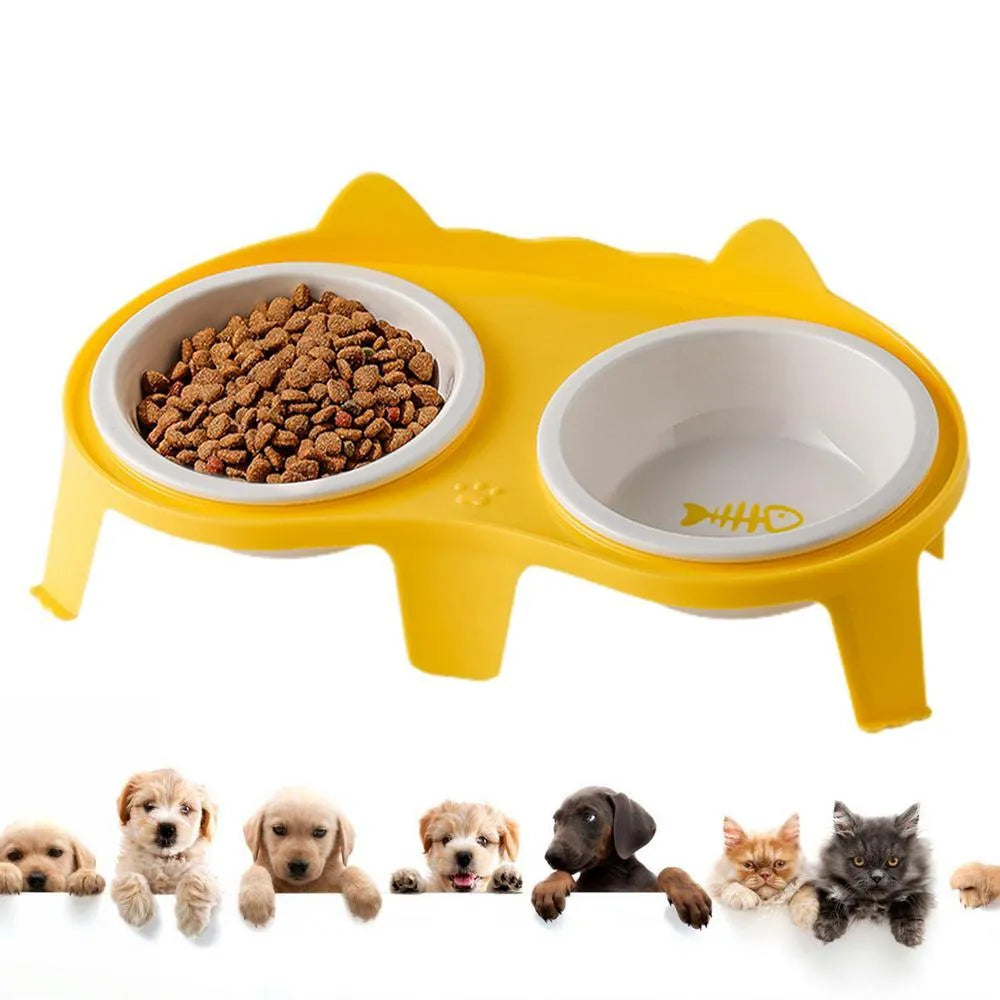 Blue ceramic cat food and water bowl set on a white elevated stand with a storage hook.