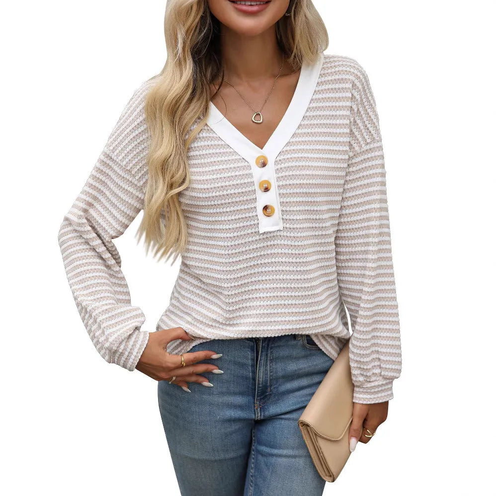 Women's V-neck casual pullover top with patchwork detailing in imitation cotton polyester fabric