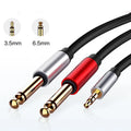 3.5mm to 6.5mm male-to-male stereo audio cable with gold connectors on a black cable.