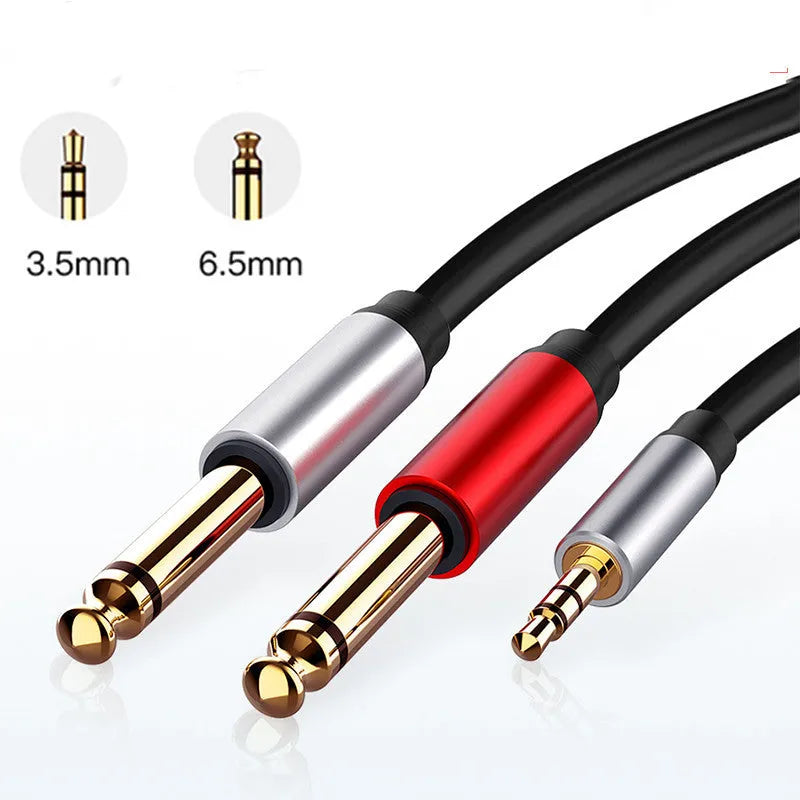 3.5mm to 6.5mm male-to-male stereo audio cable with gold connectors on a black cable.