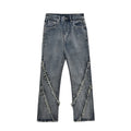 Blue cotton denim loose straight trousers for men, casual punk style, sizes S to XXL