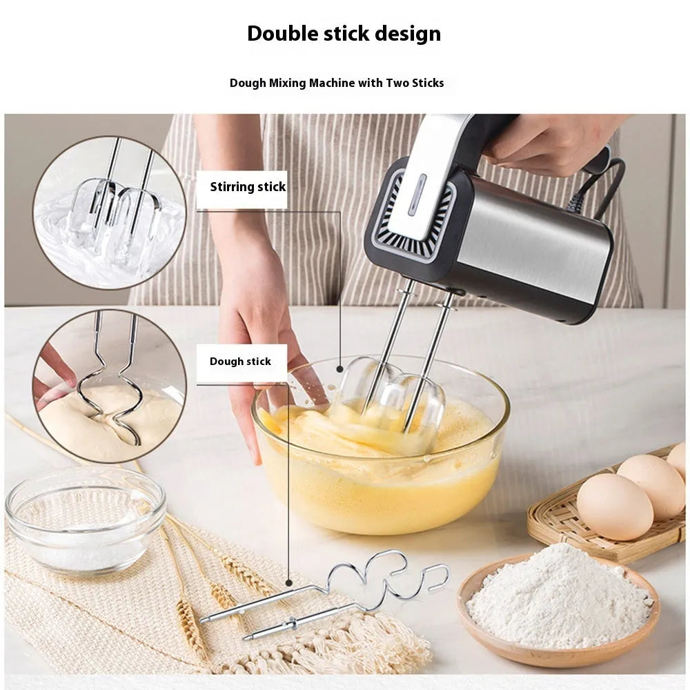 Silver handheld electric whisk with stainless steel beaters on a five-speed dial.