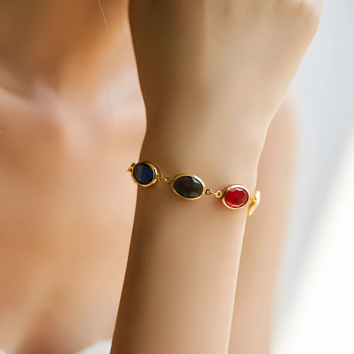 Geometric ellipse women's bracelet with glass inlay on 18K copper in blue, green, multicolor options