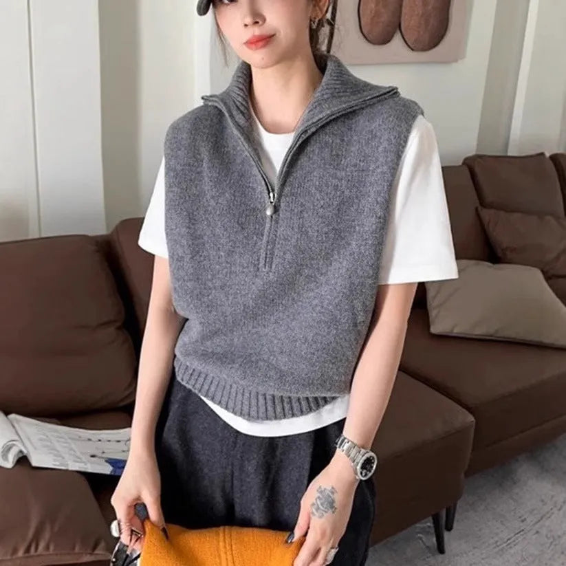Retro half zipper sleeveless knit vest with 3D pattern in orange polyester mesh fabric