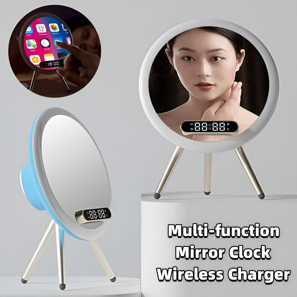Multi-function LED mirror alarm clock with wireless charger and Bluetooth speaker in white or blue, 210 x 60 x 160mm
