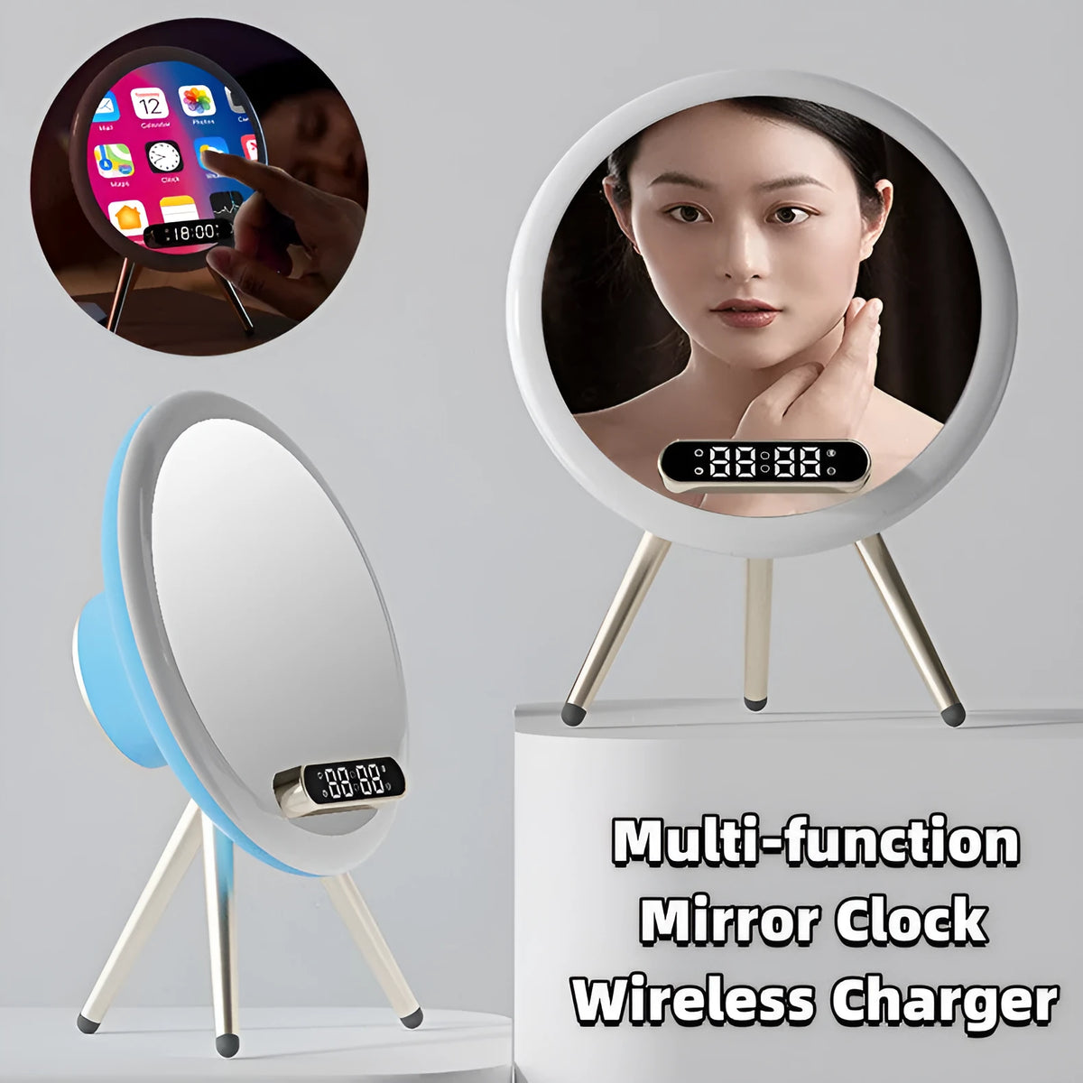 Multi-function LED mirror alarm clock with wireless charger and Bluetooth speaker in white or blue, 210 x 60 x 160mm
