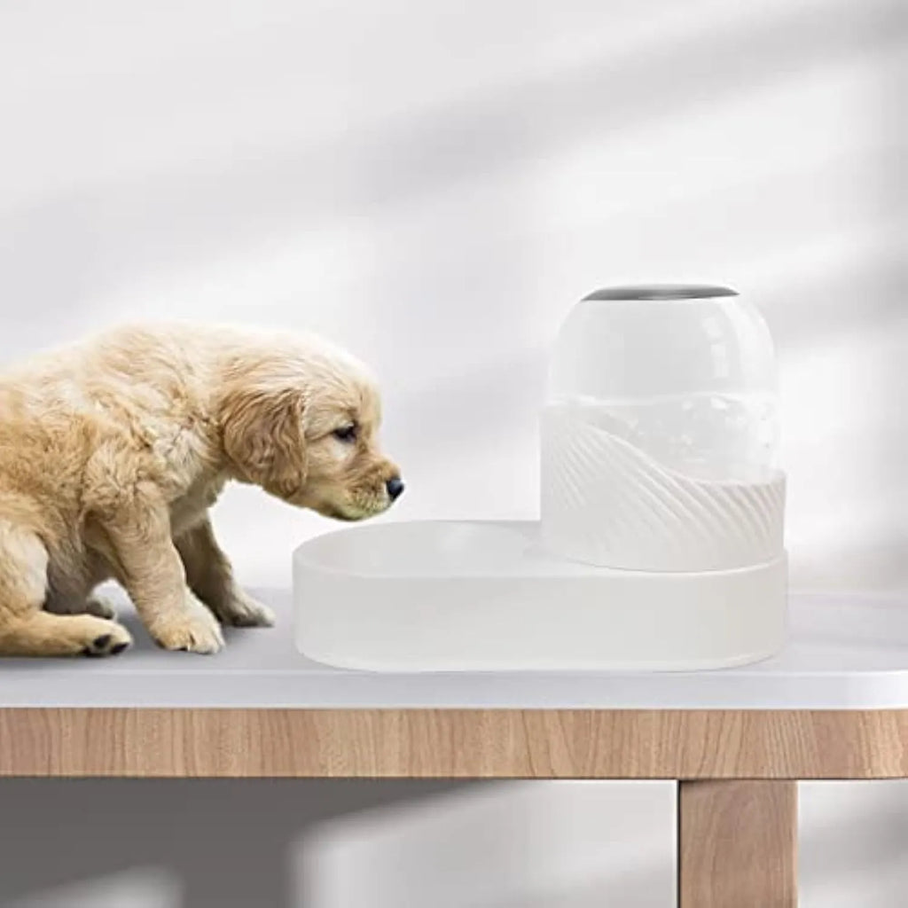 White automatic cat feeder and water dispenser set with wave-shaped design, two 2L bowls.