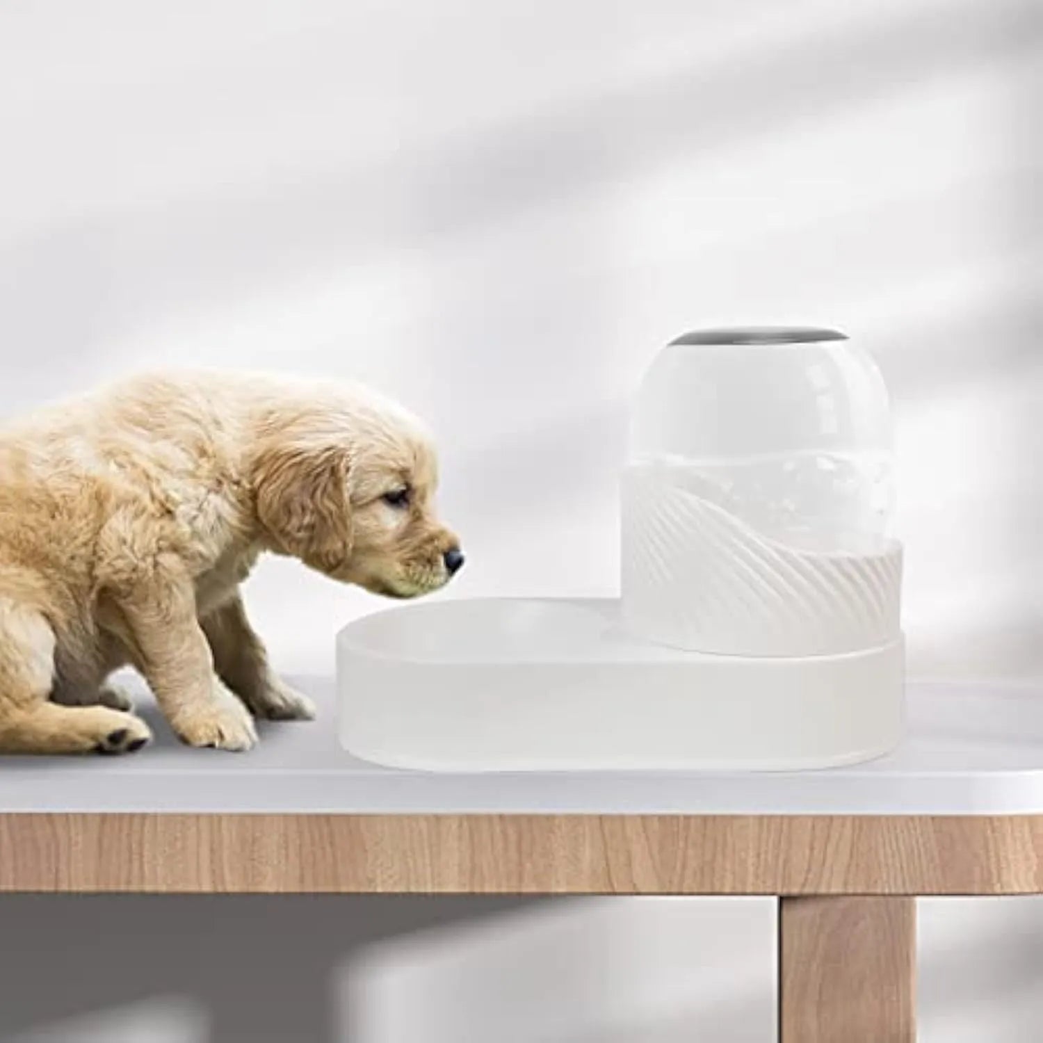 White automatic cat feeder and water dispenser set with wave-shaped design, two 2L bowls.