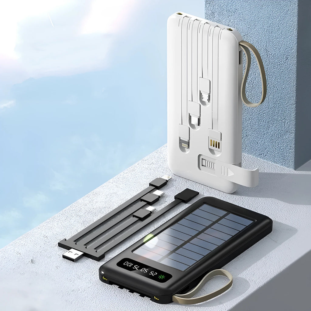 Solar power bank in black or white plastic shell showing dimensions and capacity options