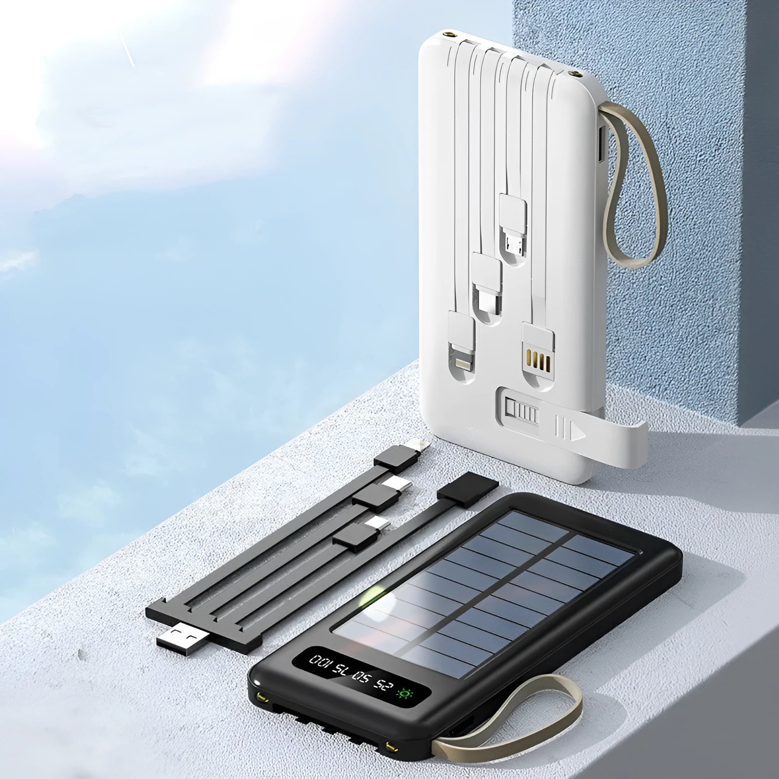 Solar power bank in black or white plastic shell showing dimensions and capacity options