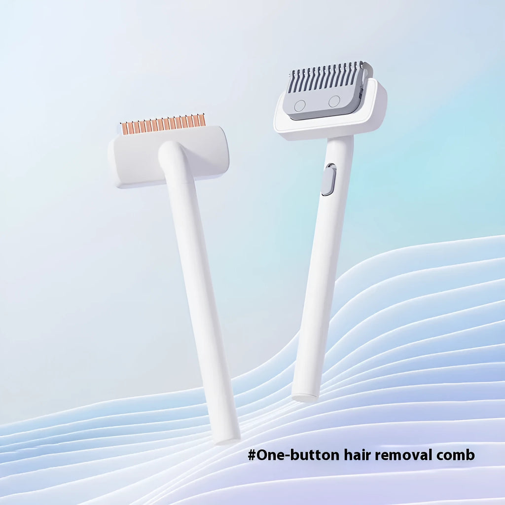 White and grey pet hair unknotting comb for dogs and cats, ABS and stainless steel, 3.3cm x 6.6cm x 18.7cm