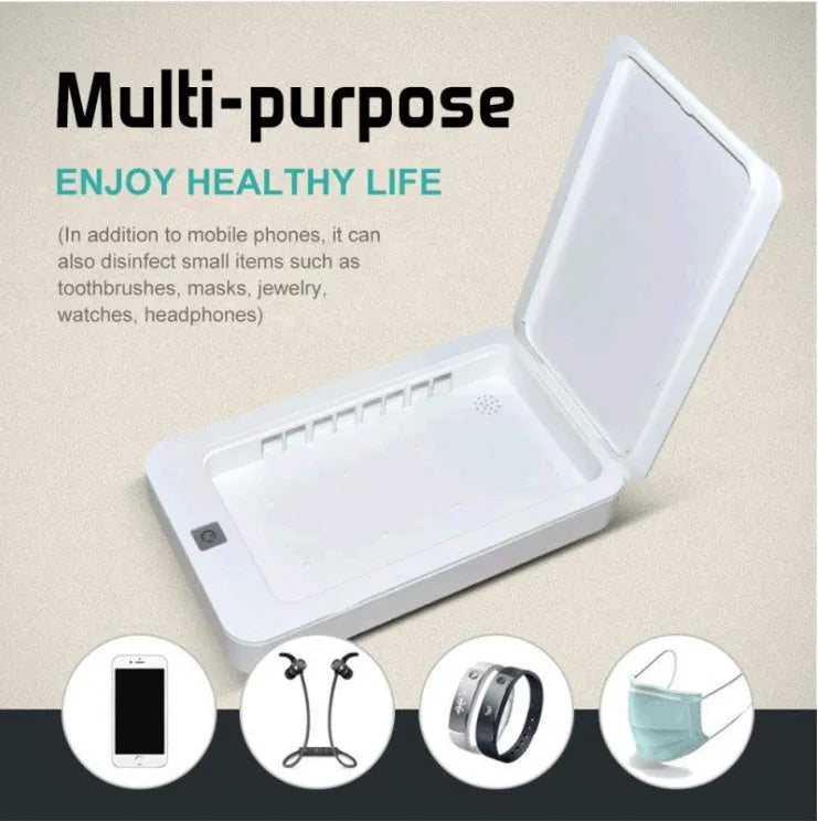 Blue UV mobile phone steriliser disinfection box with touch switch, lid open showing interior chamber.