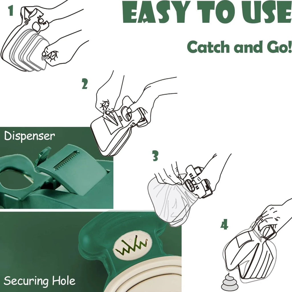 Blue portable pooper scooper with clip and expandable waste container for dog walking.