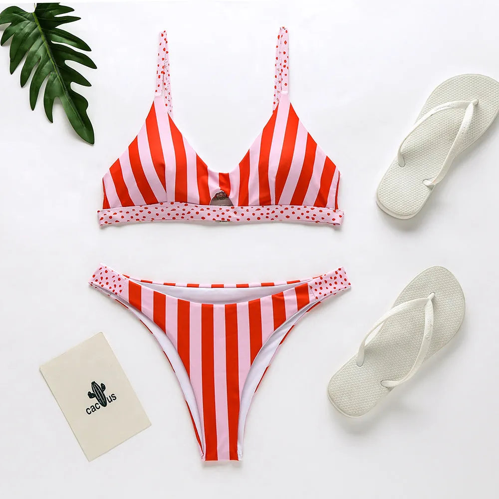 Women's polyester bikini set in black and white dots or red and white stripes pattern