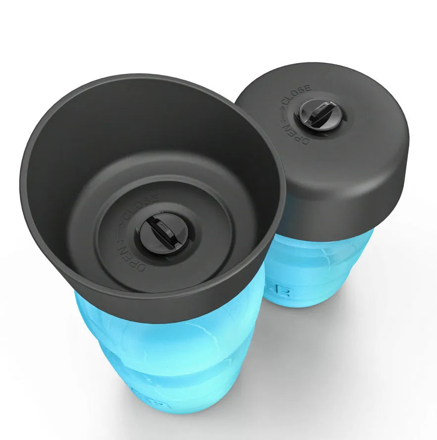 Foldable dog travel water bottle 520ml with fold cap bowl, blue, food-grade silicone and HDPE, leak-resistant pet dispenser