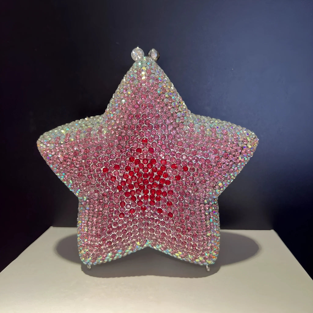 Little Star studded diamond alloy dinner handbag with hard three-dimensional shell and full diamond finish