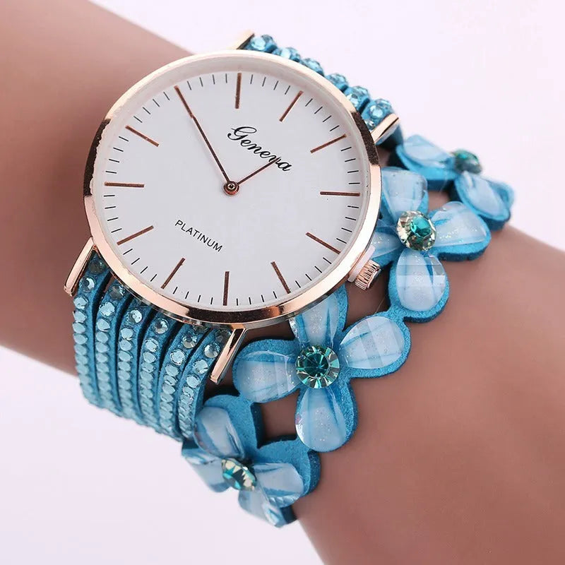 Ladies Geneva flower dial quartz watch with crystal diamond bezel and bracelet strap in black, blue, coffee, red or white