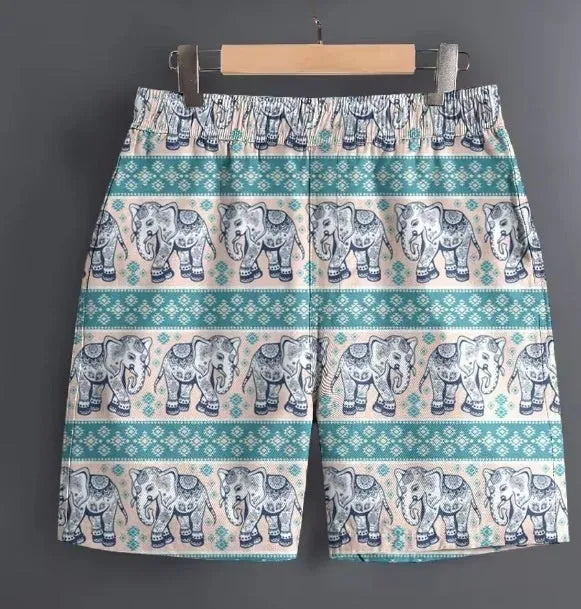 Men's polyester leisure shorts available in multiple patterns and colours with extended sizing options