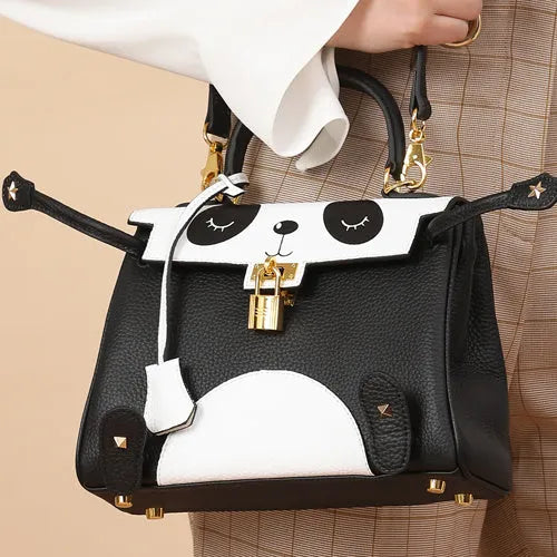Panda print cow leather women's handbag in horizontal square shape