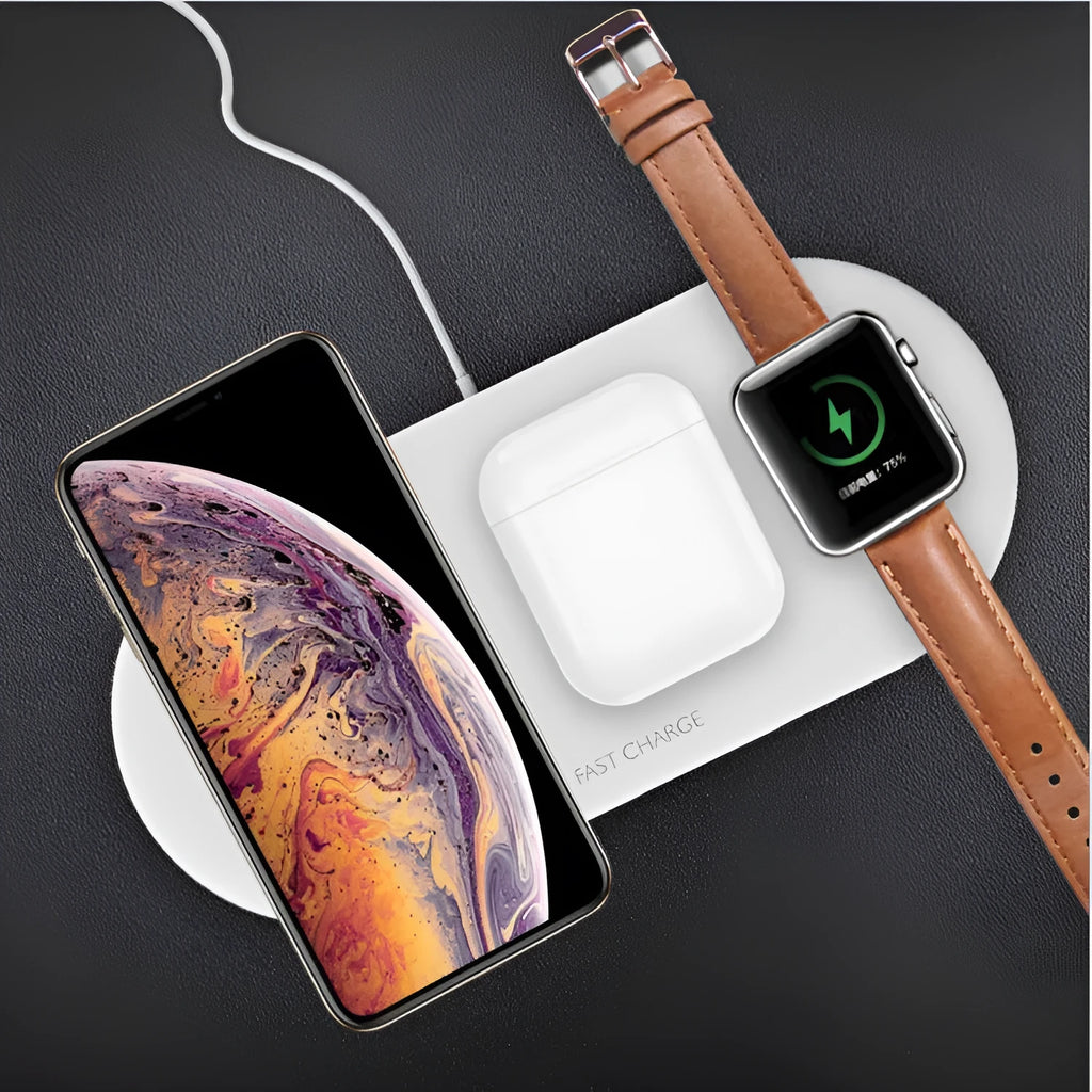 Three-in-one wireless charging station for Apple devices in black or white