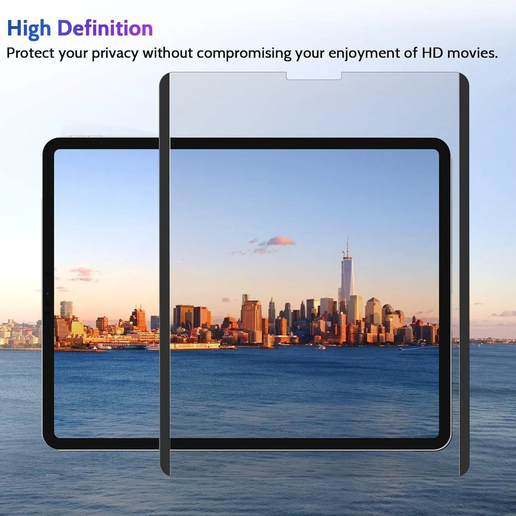 Magnetic iPad privacy screen protector and storage clip on a table