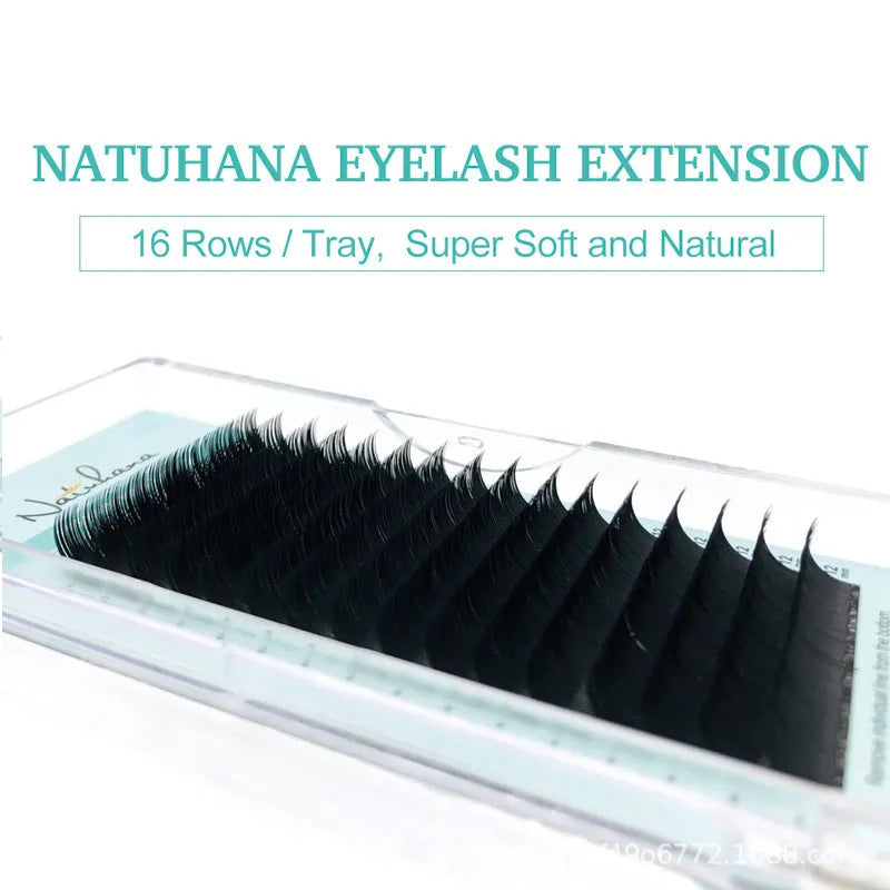 Black artificial fibre false eyelashes showing different length and density options on a clear tray