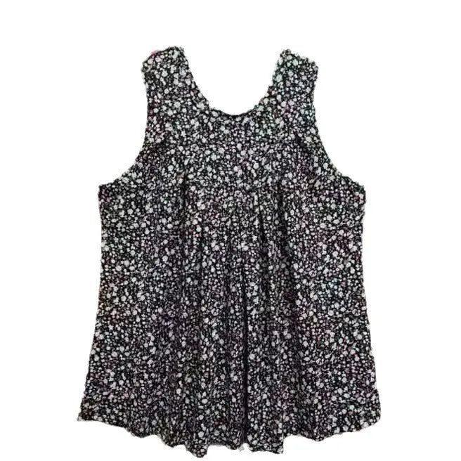 Plus size sleeveless vest with floral print in black or khaki featuring a round neck and loose fit