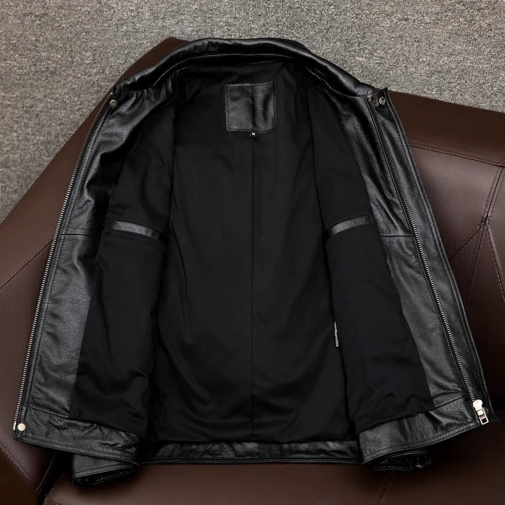 Men's retro pattern PU leather jacket in black with side pockets and loose fit