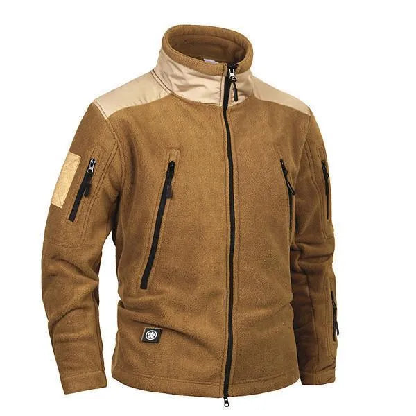 Men's military fleece jacket in black, grey, or army green with zip closure, turn-down collar, and cashmere lining.