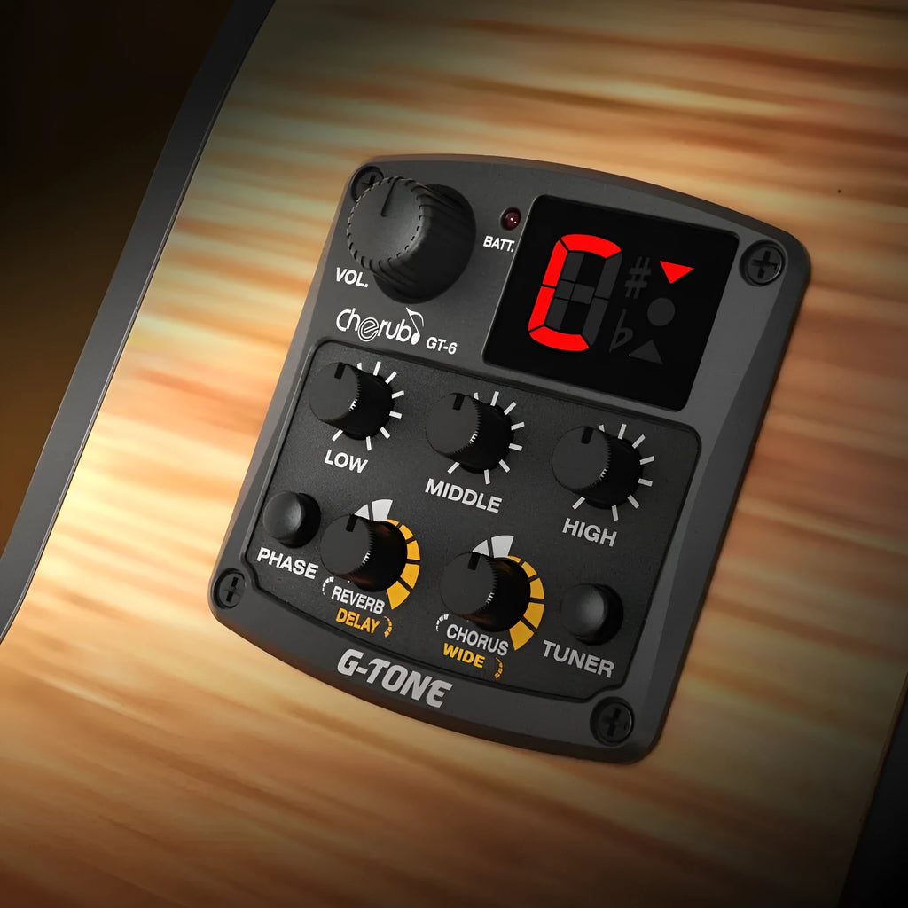 Black Cherub GT-6 acoustic guitar EQ pickup unit with control knobs for soundhole mounting.