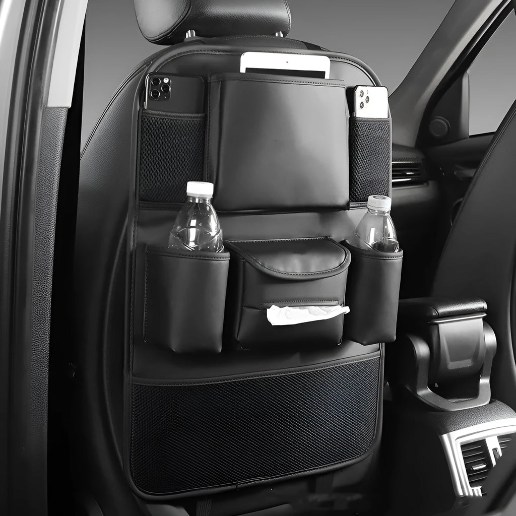 Leather car seat back storage bag mounted behind a car seat in a choice of black, brown, green, or grey.