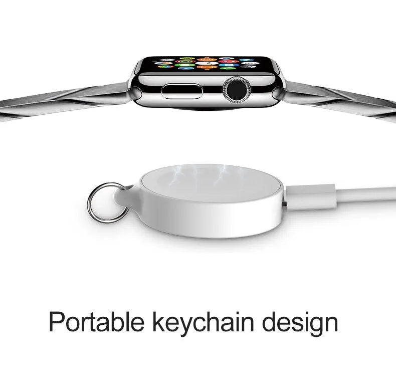 White magnetic USB watch charger with circular coil base for Apple Watch 1-4, keychain format