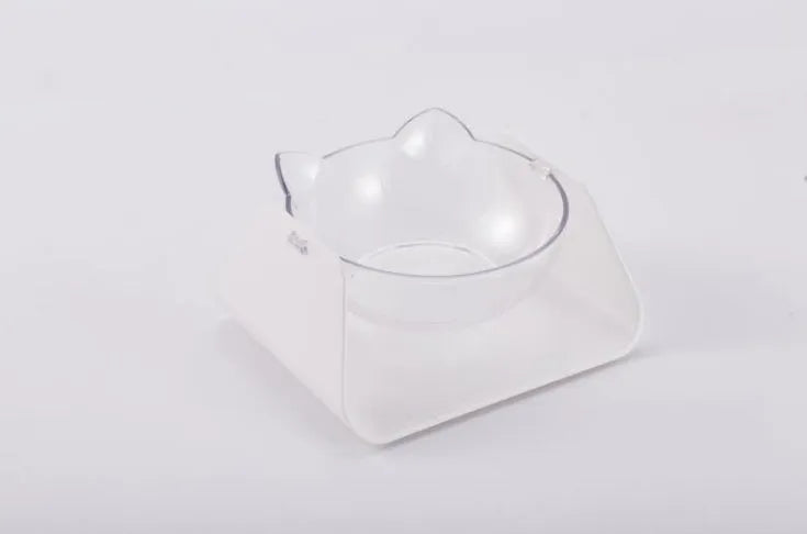 Protective cervical cat bowl in plastic with raised bevel design, shown in blue, pink, black, white, or yellow format.