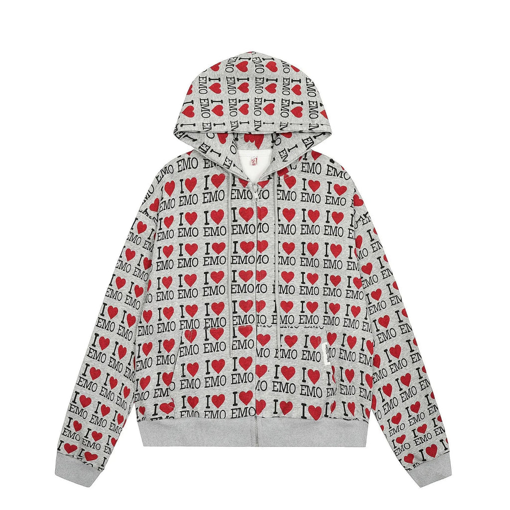 Women's melange grey cotton hooded cardigan with a retro pattern, shown on a model.