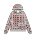 Women's melange grey cotton hooded cardigan with a retro pattern, shown on a model.