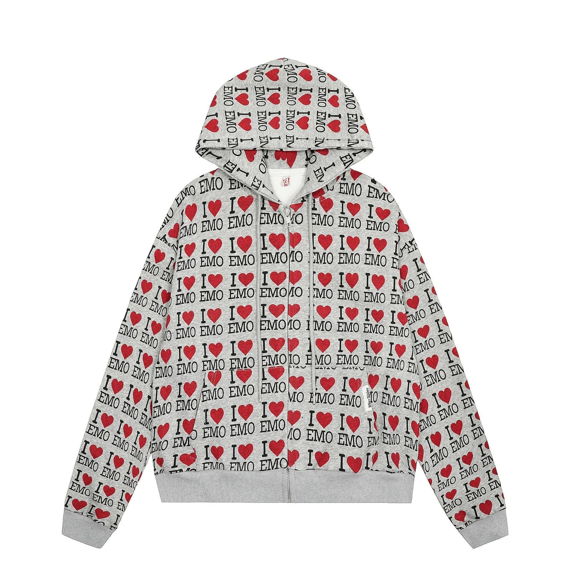 Women's melange grey cotton hooded cardigan with a retro pattern, shown on a model.