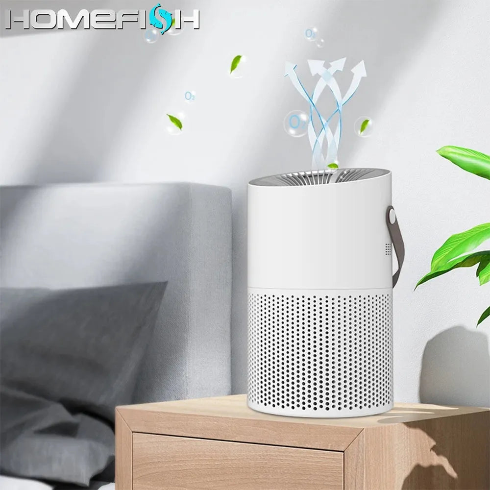 White HUIQIMEI desktop air purifier with H13 HEPA filter, 169x169x281mm, USB powered