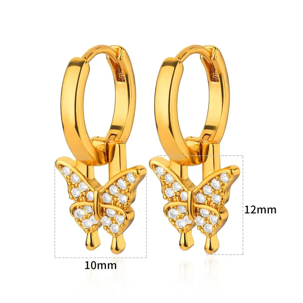 Women's copper butterfly earrings with geometric heart, star, and bow shapes in assorted colours.