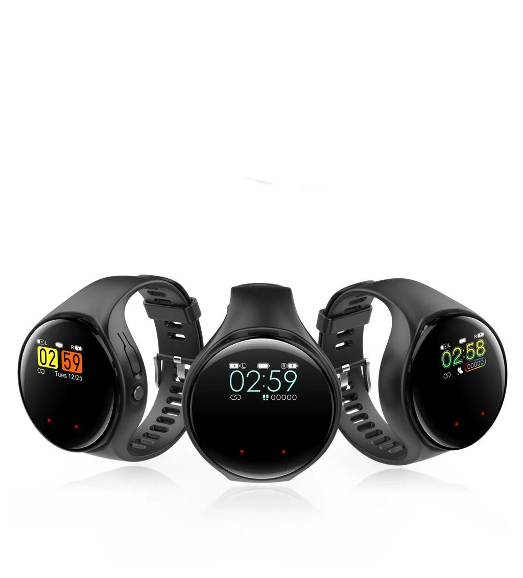 Black smart fitness bracelet with detachable TWS Bluetooth earbuds on a wrist, showing a colour screen display.
